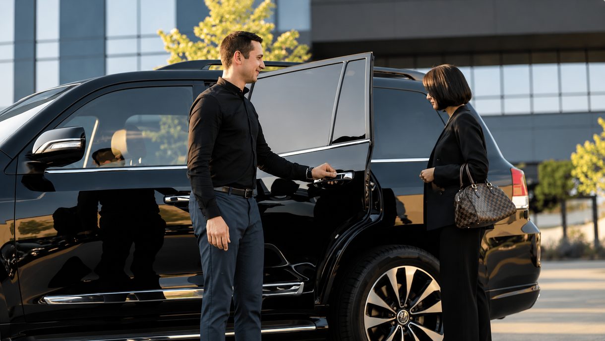 Chauffeur opening the door of a black SUV for a business traveler in Seattle
