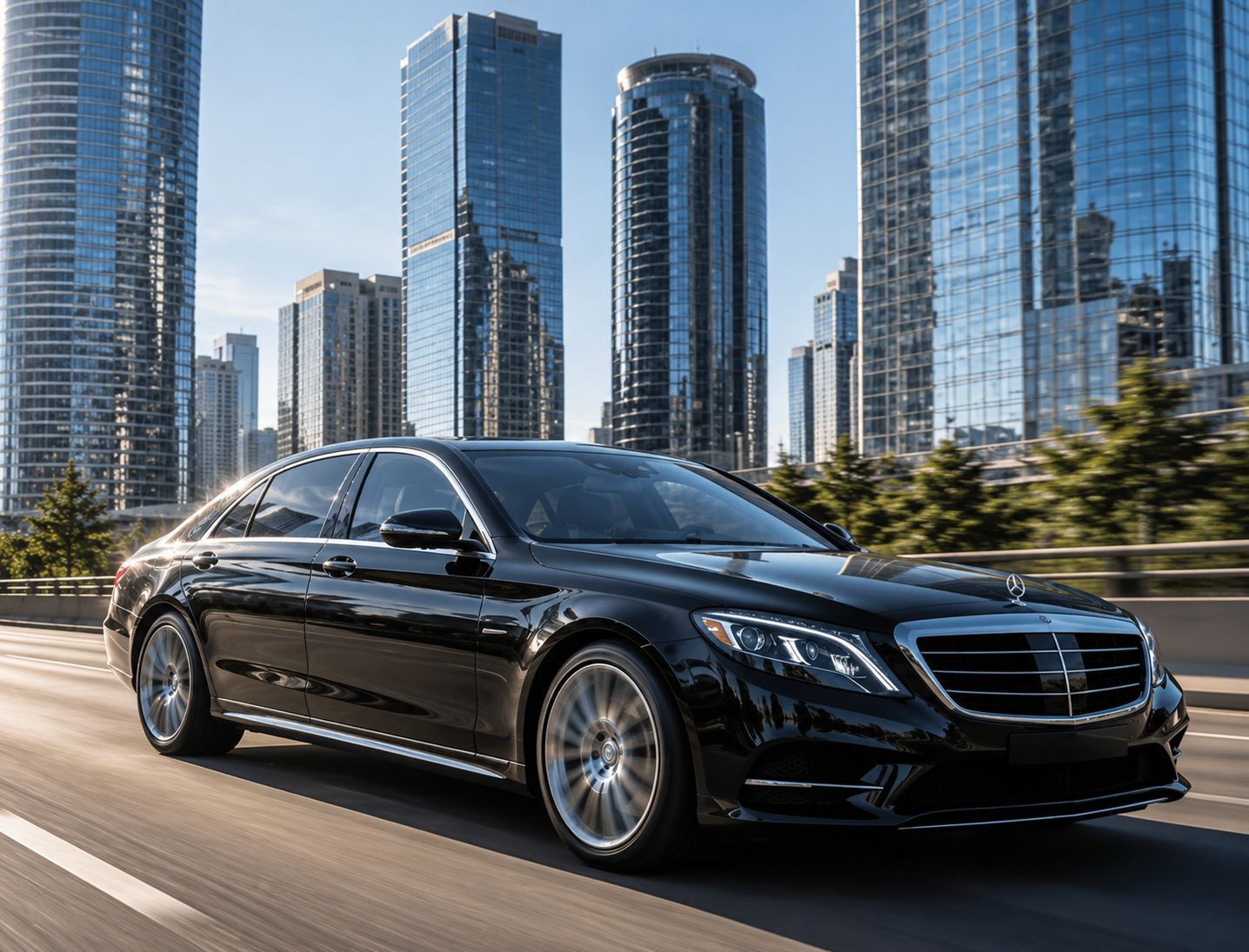 Black Mercedes sedan on a highway in downtown Seattle