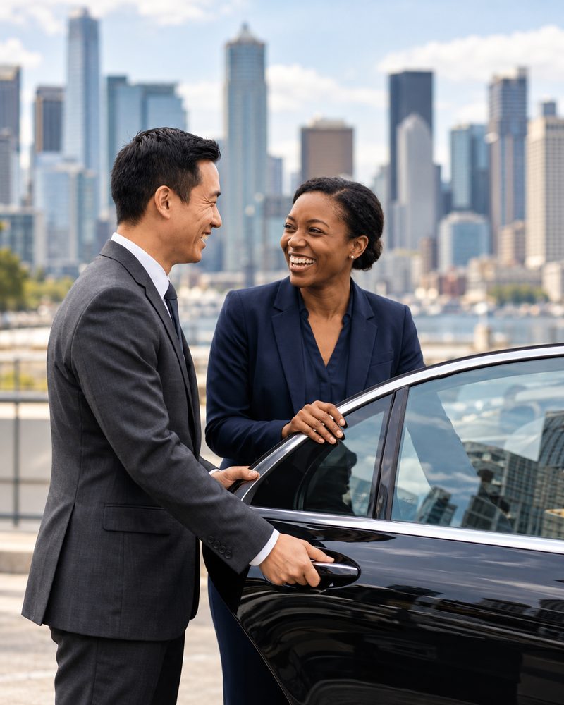 Legacy Chauffeurs chauffeur greeting business clients at a black car in Seattle