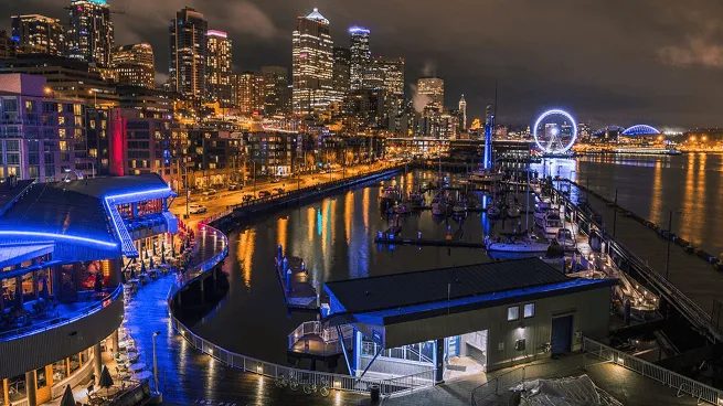 Seattle waterfront and Great Wheel at night on a private city tour